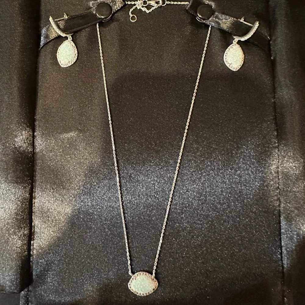 Silver Opal and white Necklace and Earrings Set - Picture 2 of 5